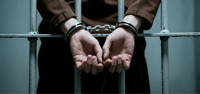 A person wearing handcuffs stands behind prison bars, with their hands positioned in front of them, awaiting lawyers to begin litigation.