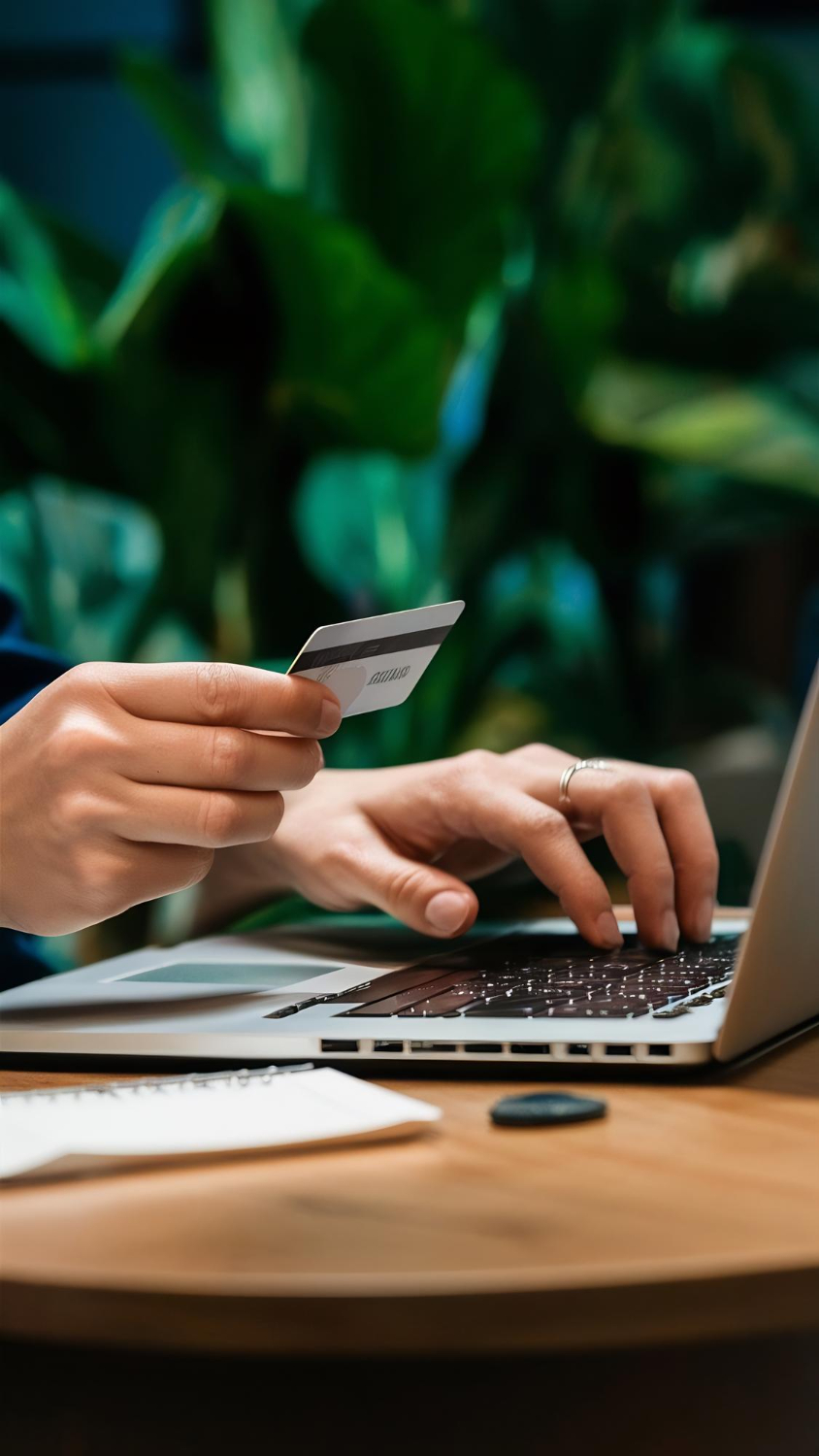 Person holding a credit card and typing on a laptop, making an online purchase at a desk. - Migration Law